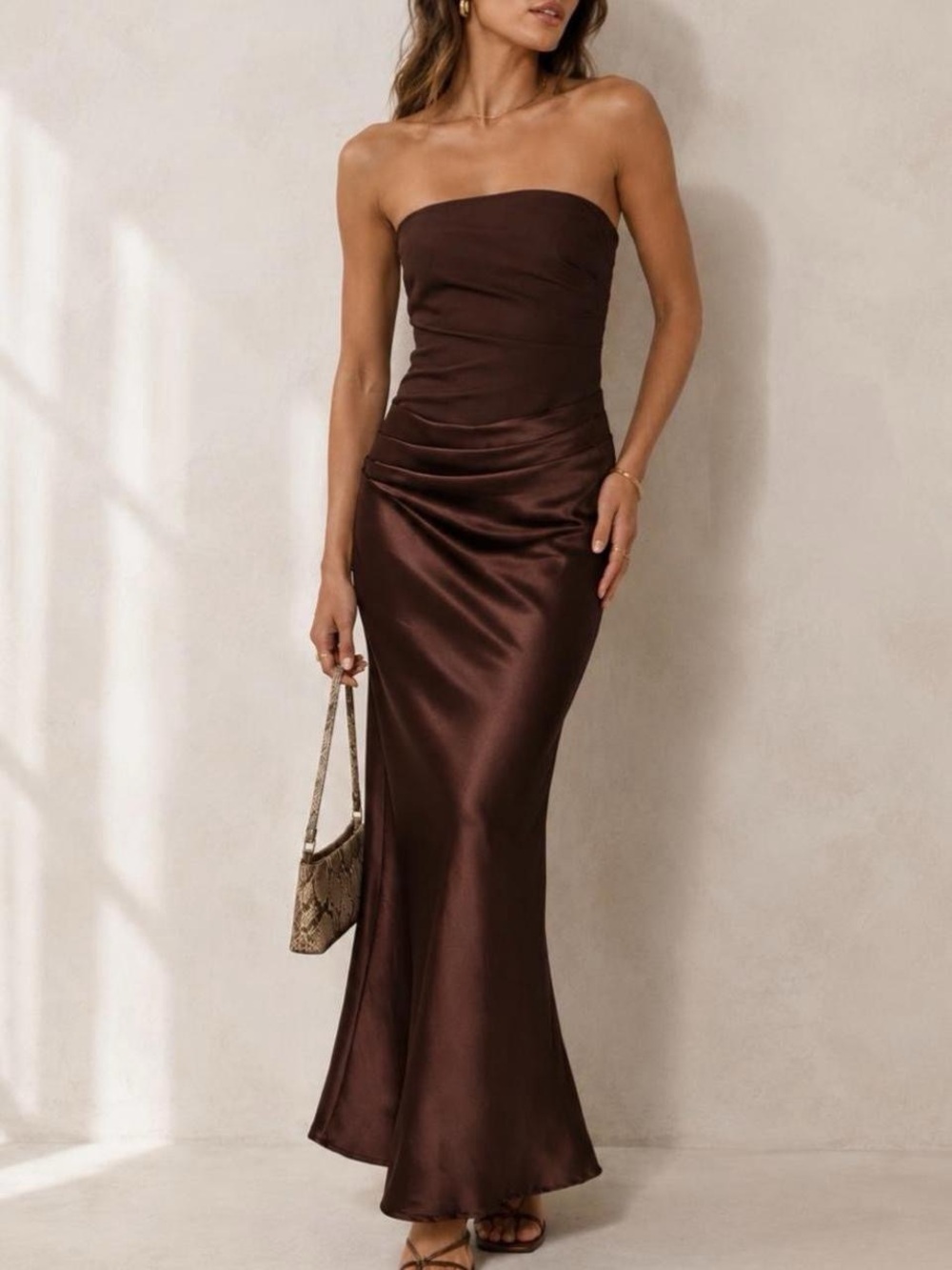 Princess Polly Strapless Satin Maxi Dress in Chocolate Brown